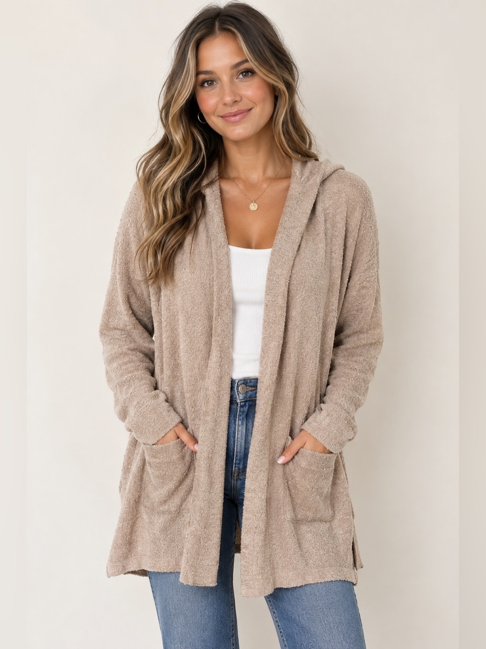 Barefoot Dreams Hooded Open-Front Teddy Cardigan in Beige